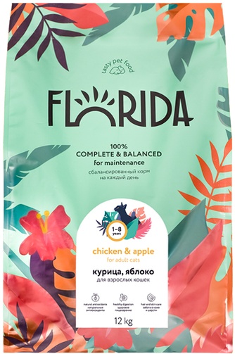 Корм сухой для кошек FLORIDA курица, яблоко (12 кг)