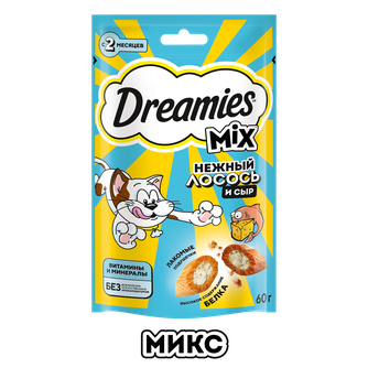 Лакомство для кошек DREAMIES подушечки микс с лососем и сыром (60 г)