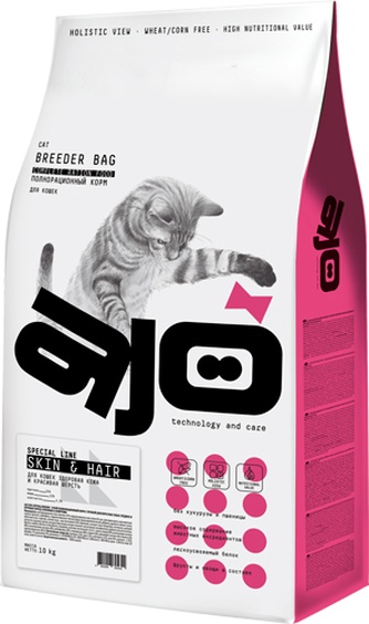 Корм сухой для кошек AJO Skin & Hair Breeder здоровье кожи и шерсти, низкозерновой (10 кг)