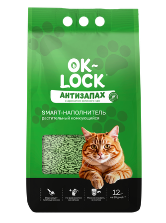 Наполнитель комкующийся для кошек OK-LOCK Антизапах с ароматом зеленого чая растительный (12 л)