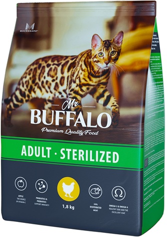 Корм сухой для взрослых стерилизованных кошек MR. BUFFALO Sterilized курица (1,8 кг)