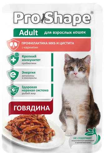 Корм влажный для взрослых кошек PROSHAPE Adult профилактика МКБ и цистита с говядиной в соусе (75 г)