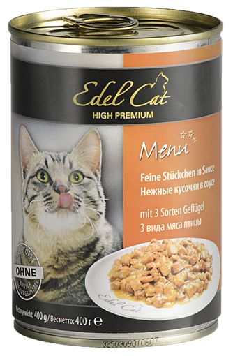 Корм влажный для кошек EDEL CAT кусочки с 3 видами мяса в соусе (400г)