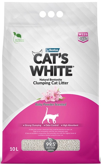 Наполнитель комкующийся бентонитовый для кошек CAT'S WHITE Baby Powder Scented с ароматом детской присыпки (10 л)