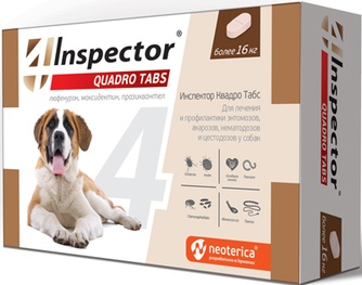 Таблетки для собак более 16 кг NEOTERICA Inspector Quadro tabs для лечения и профилактики энтомозов, акарозов, нематодозов (4 шт)