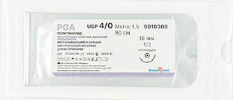 Нить полигликолидная плетеная BAZAVET PGA (4/0 (1,5), К, 1/2, 16мм, 90 см/12 шт)