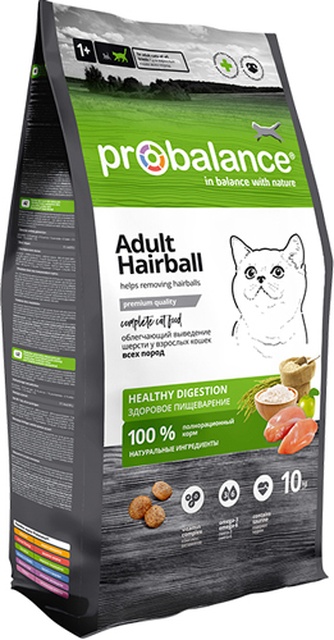 Корм сухой для взрослых кошек всех пород PROBALANCE Adult Hairball вывод шерсти из желудка с курицей (10 кг)