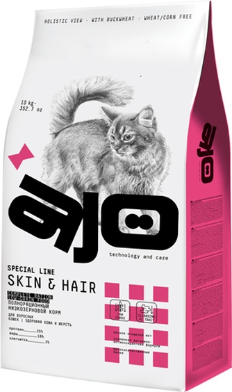 Корм сухой для кошек AJO Skin & Hair здоровье кожи и шерсти, низкозерновой (10 кг)
