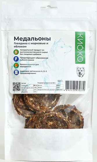 Лакомство для собак КИОКО Медальоны с яблоком и морковью из говядины (50 г)