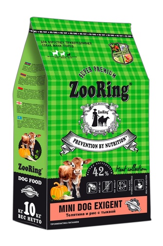 Корм сухой для привередливых собак мини пород ZOORING Mini Dog Exigent с телятиной и рисом с тыквой, без пшеницы (10 кг)