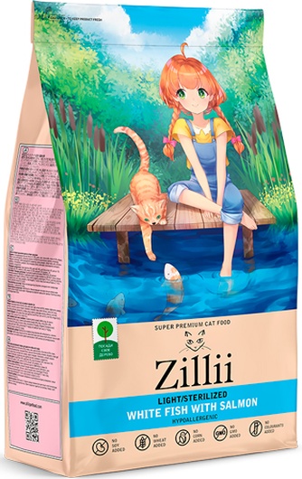 Корм сухой для взрослых стерилизованных кошек и кастрированных котов ZILLI Light/Sterilized Cat с белой рыбой и лососем (0,4 кг)