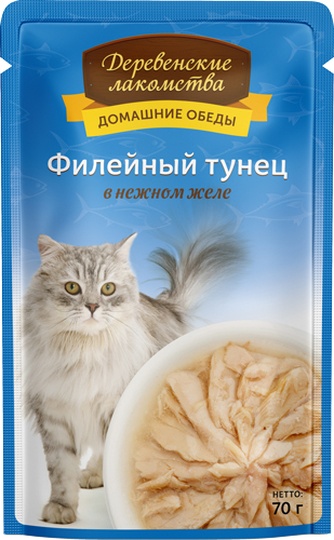 Корм влажный для кошек ДЕРЕВЕНСКИЕ ЛАКОМСТВА Филейный тунец в нежном желе (70 г)