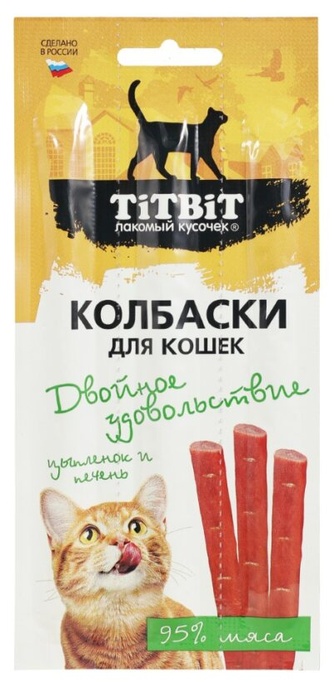 Лакомство для кошек TITBIT лакомый кусочек двойное удовольствие колбаски с цыпленком и печенью (15 г)