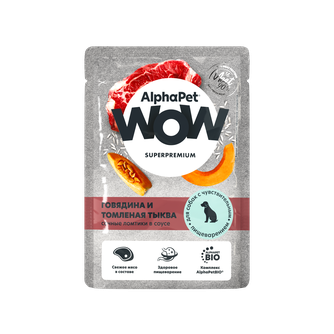 Корм влажный для взрослых собак ALPHAPET WOW с чувствительным пищеварением ломтики в соусе говядина и томленая тыква (85 г)