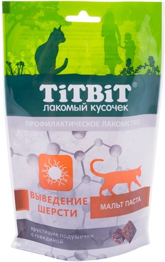 Лакомство для кошек TITBIT Лакомый кусочек Хрустящие подушечки с говядиной для выведения шерсти (60 г)
