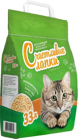 Наполнитель впитывающий древесный для кошек СЧАСТЛИВЫЕ ЛАПКИ (33 л)