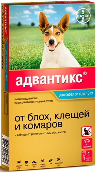 Капли для собак 4-10кг BAYER Адвантикс от блох, клещей и комаров (1 мл/1 пипетка)