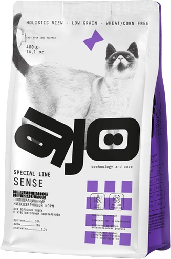 Корм сухой для кошек AJO Sense с чувствительным пищеварением, низкозерновой (400 г)