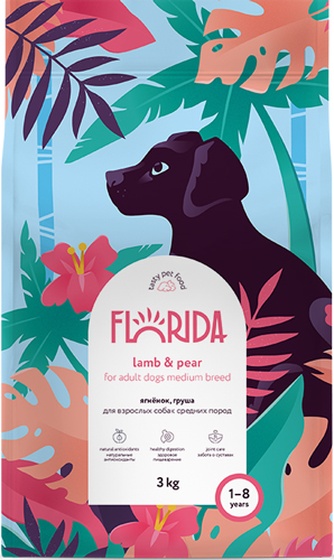 Корм сухой для собак средних пород FLORIDA , ягненок, груша (3 кг)