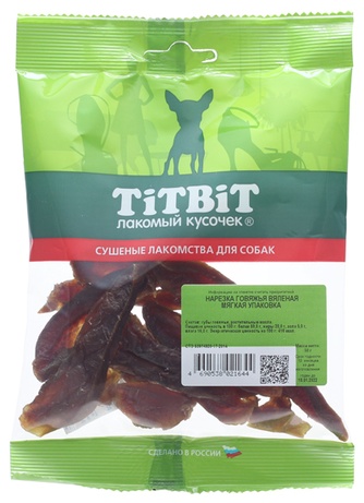 Лакомство для собак мелких пород TITBIT Лакомый кусочек Нарезка говядина вяленая (50 г)