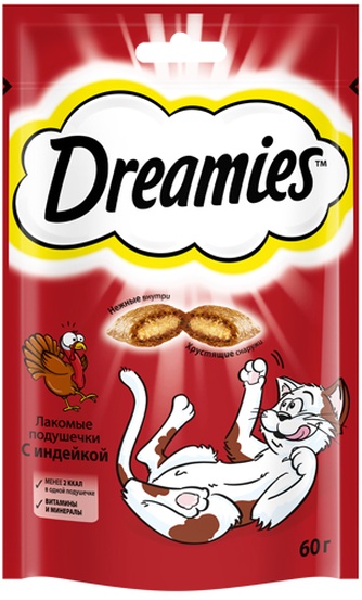 Лакомство для кошек DREAMIES подушечки с индейкой (60г)