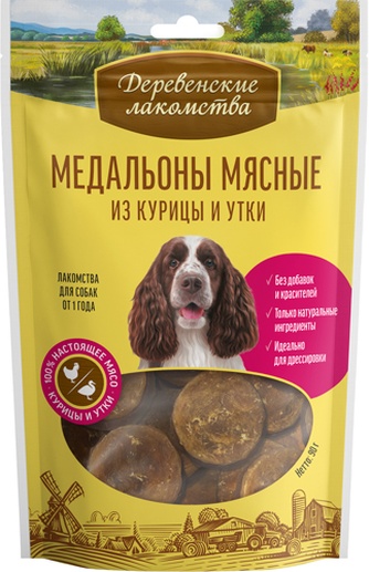 Лакомство для собак ДЕРЕВЕНСКИЕ ЛАКОМСТВА медальоны мясные из курицы и утки (90 г)
